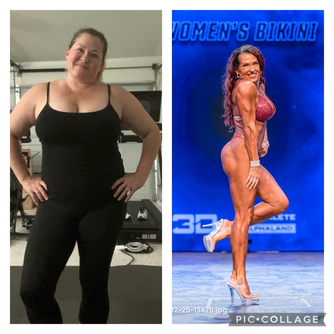 Female client before and after, from heavy and tired to bodybuilding bikini stage
