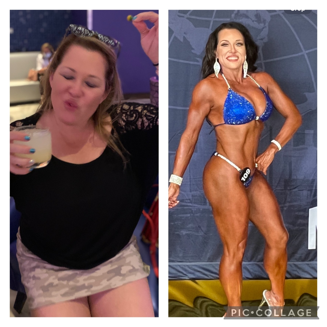 Female client before and after, from drowning in alcohol and weight gain to competition-ready
